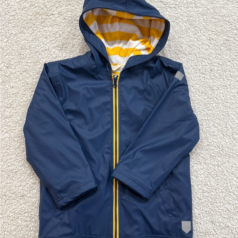 NEW Never worn Hatley Hooded Rain Jacket with Yellow Stripe Lining